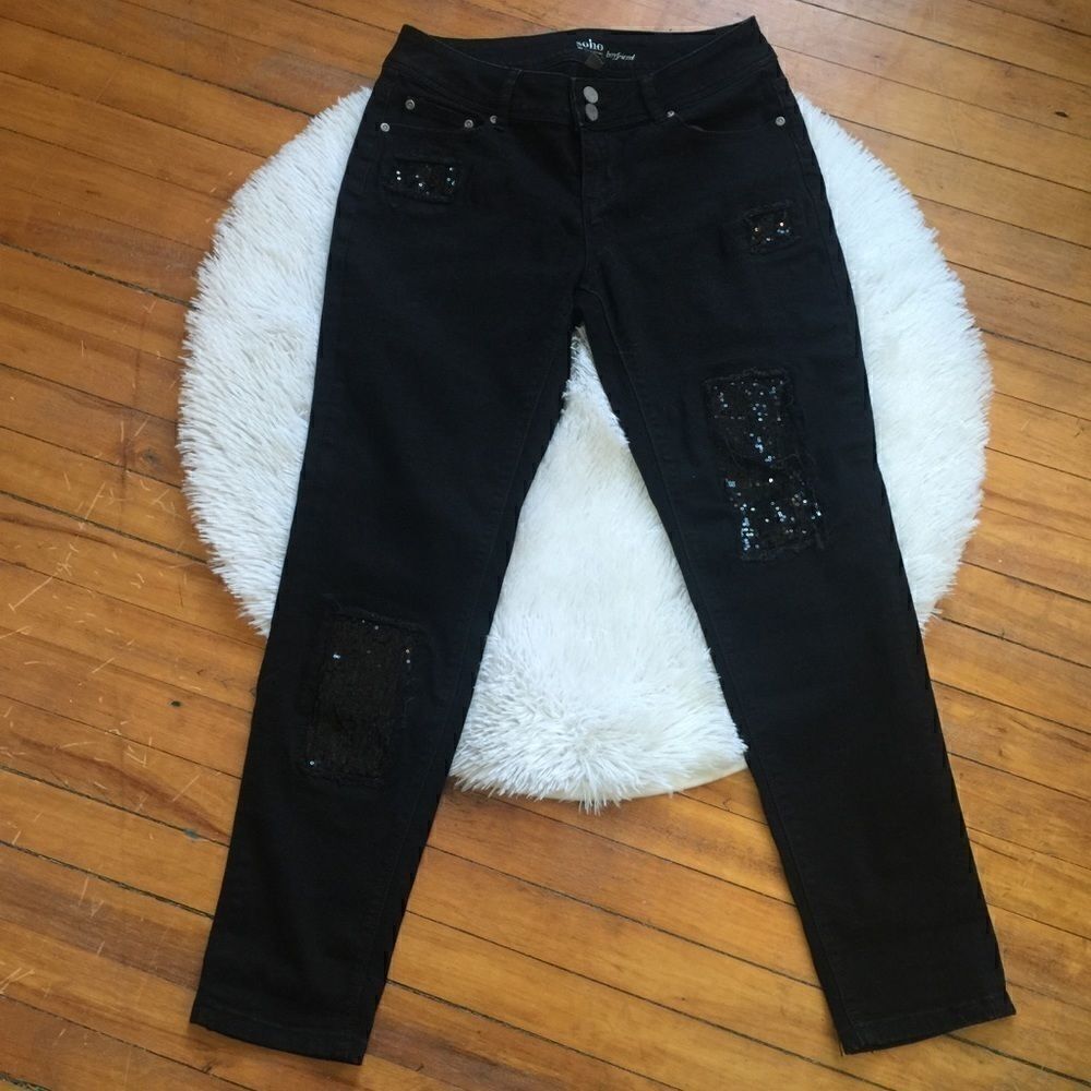 Soho Black Distressed Sequin patched jeans‎